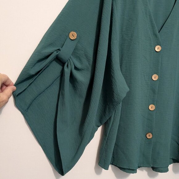ODDY Teal Crepe Chiffon Button Blouse; Dolman Roll-Tab Sleeves; Size S - Picture 2 of 6
